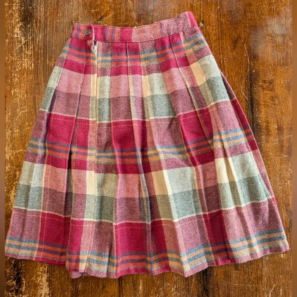 Vintage Plaid Pleated Skirt Girls 10S Pink Gray Academia Schoolgirl Retro Used